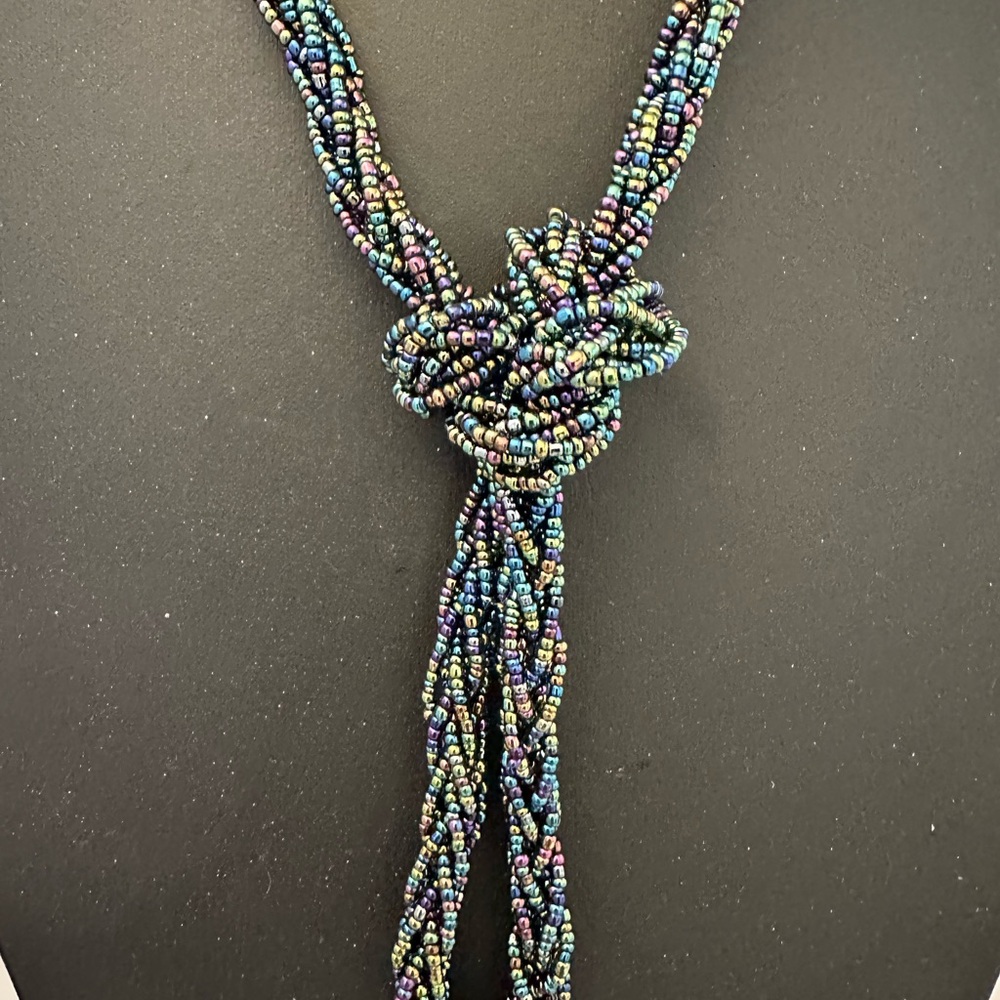 Long braided peacock glass seed bead necklace in continuous loop - Picture 2 of 5